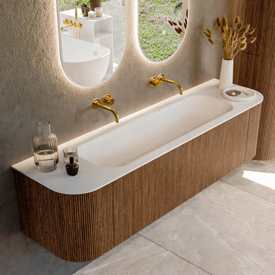 Mondiaz KURVE 170cm badmeubel met module 25 Len R kleur Walnut met 1 lade en 2 deuren. Wastafel BIG LARGE midden zonder kraangat Talc. KRVBGL170L+R1L2D0KM-Wal Tal