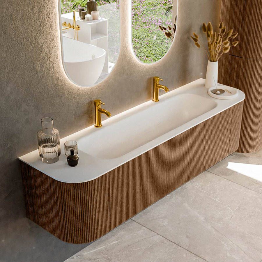 Mondiaz KURVE 170cm badmeubel met module 25 Len R kleur Walnut met 1 lade en 2 deuren. Wastafel BIG LARGE midden 2 kraangaten Talc. KRVBGL170L+R1L2D2KM-Wal Tal