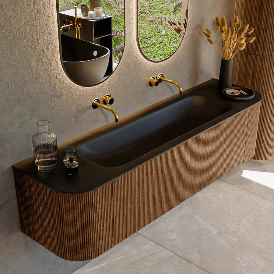 Mondiaz KURVE 170cm badmeubel met module 25 Len R kleur Walnut met 1 lade en 2 deuren. Wastafel BIG LARGE midden zonder kraangat Urban. KRVBGL170L+R1L2D0KM-Wal Urb