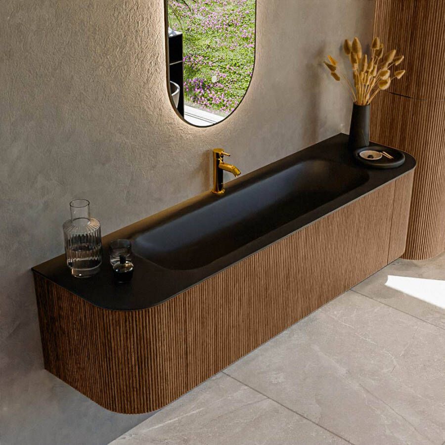 Mondiaz KURVE 170cm badmeubel met module 25 Len R kleur Walnut met 1 lade en 2 deuren. Wastafel BIG LARGE midden 1 kraangat Urban. KRVBGL170L+R1L2D1KM-Wal Urb