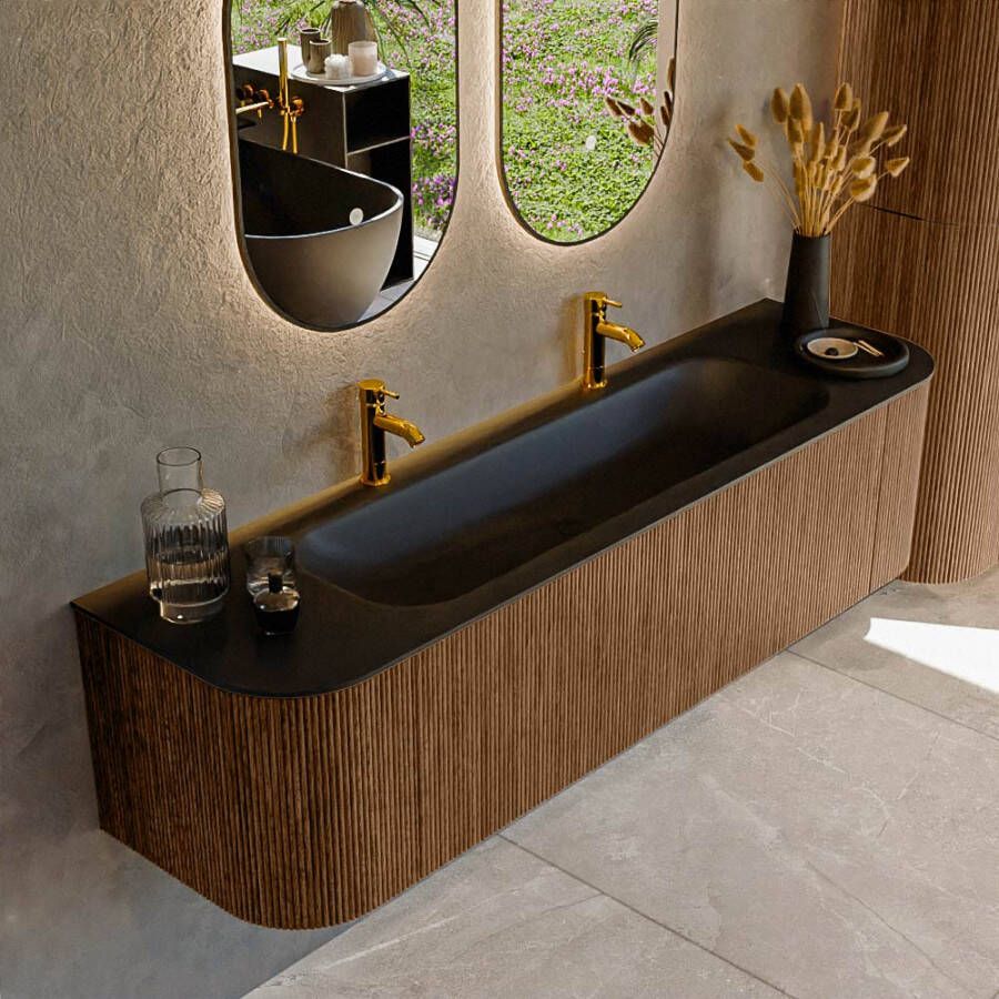 Mondiaz KURVE 170cm badmeubel met module 25 Len R kleur Walnut met 1 lade en 2 deuren. Wastafel BIG LARGE midden 2 kraangaten Urban. KRVBGL170L+R1L2D2KM-Wal Urb