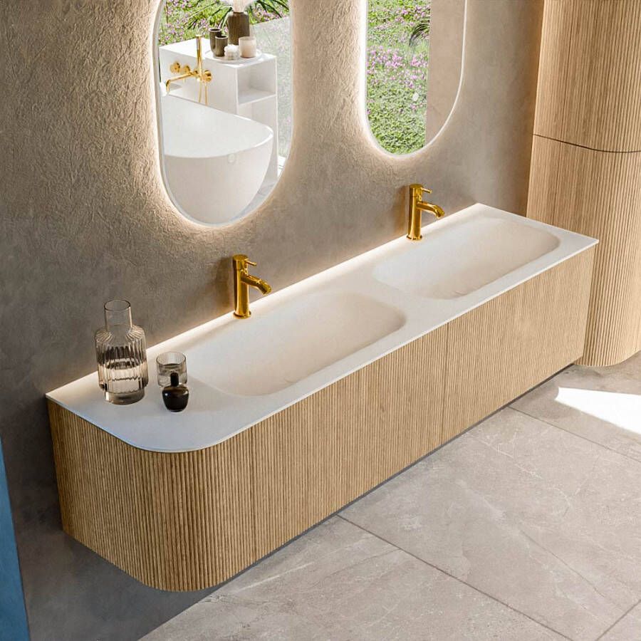 Mondiaz KURVE 175cm badmeubel met module 25 L kleur Oak met 2 lades en 1 deur. Wastafel BIG SMALL dubbel rechts 2 kraangaten Talc. KRVBGS175L2L1D2KD-Oak Tal