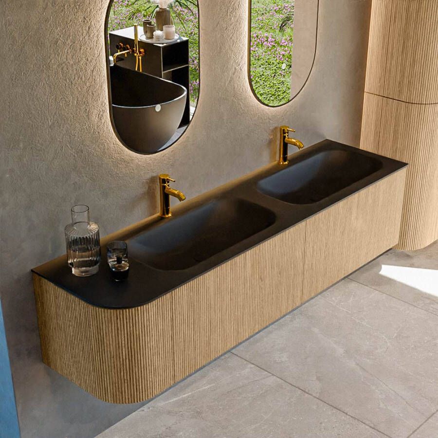 Mondiaz KURVE 175cm badmeubel met module 25 L kleur Oak met 2 lades en 1 deur. Wastafel BIG SMALL dubbel rechts 2 kraangaten Urban. KRVBGS175L2L1D2KD-Oak Urb