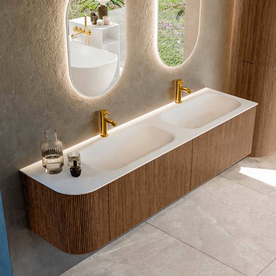 Mondiaz KURVE 175cm badmeubel met module 25 L kleur Walnut met 2 lades en 1 deur. Wastafel BIG SMALL dubbel rechts 2 kraangaten Talc. KRVBGS175L2L1D2KD-Wal Tal