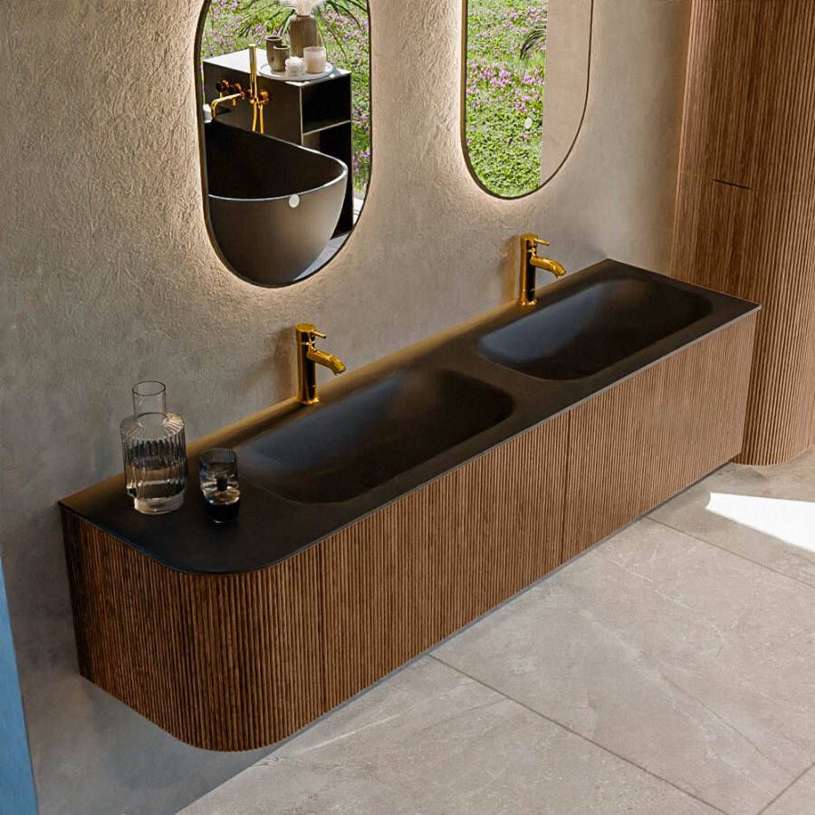 Mondiaz KURVE 175cm badmeubel met module 25 L kleur Walnut met 2 lades en 1 deur. Wastafel BIG SMALL dubbel rechts 2 kraangaten Urban. KRVBGS175L2L1D2KD-Wal Urb