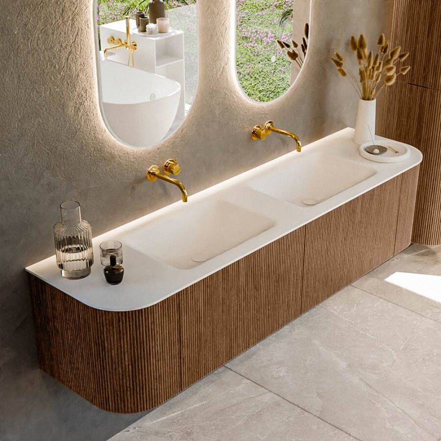 Mondiaz KURVE 180 cm Onderkast Greeploos 2 Lades Met Deuren Walnut Wastafel Solid Surface Dubbel Talc 0 Kraangaten Zonder Spiegel (KRVCLO180L+R2L2D0KD-Wal Tal)