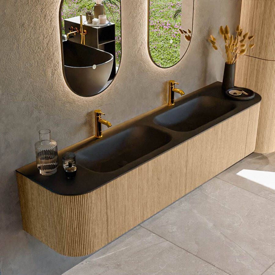 Mondiaz KURVE 190cm badmeubel met module 25 Len R kleur Oak met 2 lades en 2 deuren. Wastafel BIG SMALL dubbel 2 kraangaten Urban. KRVBGS190L+R2L2D2KD-Oak Urb