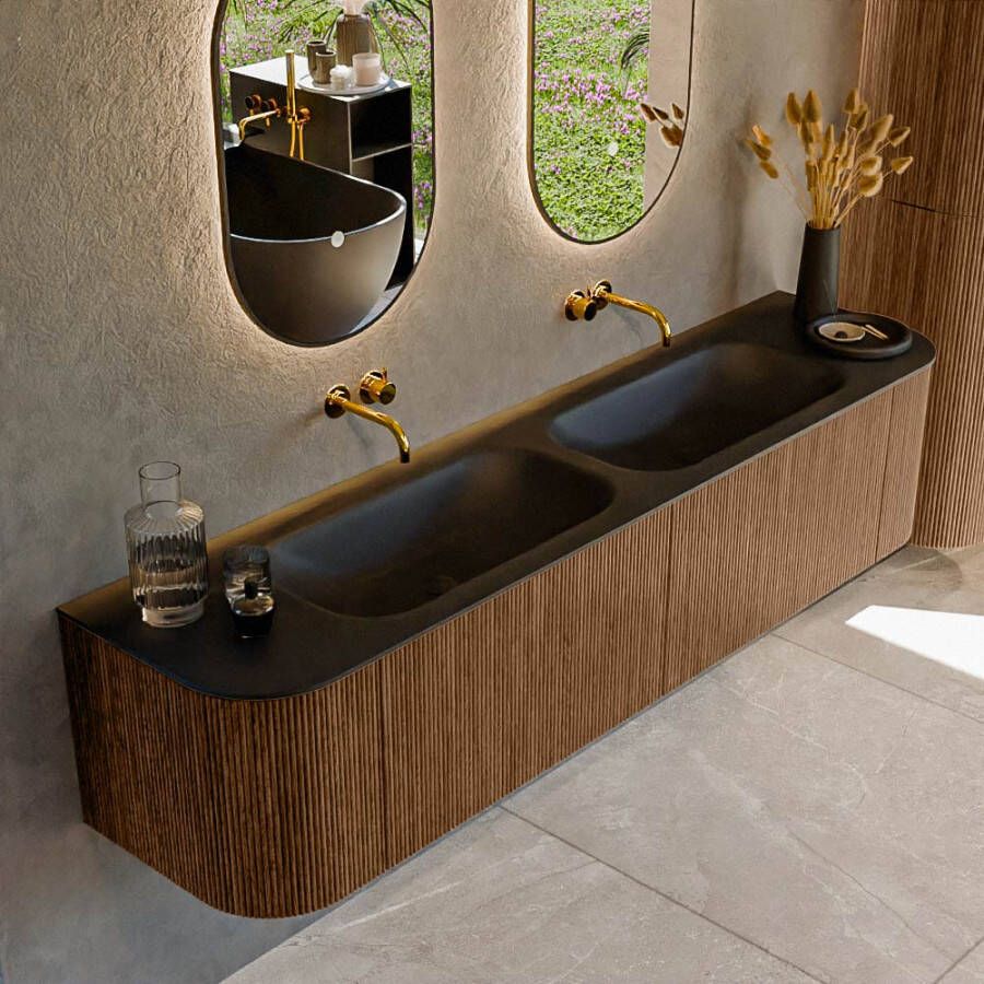 Mondiaz KURVE 190cm badmeubel met module 25 Len R kleur Walnut met 2 lades en 2 deuren. Wastafel BIG SMALL dubbel zonder kraangat Urban. KRVBGS190L+R2L2D0KD-Wal Urb