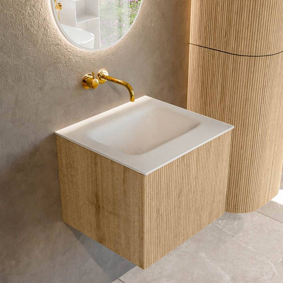 Mondiaz KURVE 50 cm Onderkast Greeploos 1 Lade Zonder Deuren Oak Wastafel Solid Surface Midden Talc 0 Kraangaten Zonder Spiegel (KRVGRU501L0D0KM-Oak Tal)