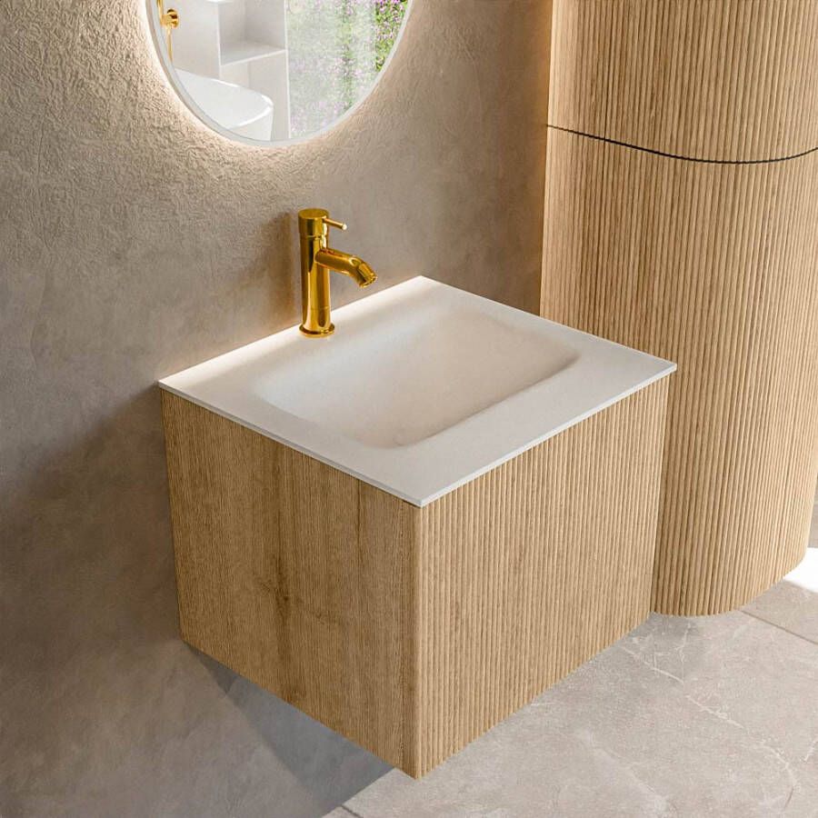 Mondiaz KURVE 50 cm Onderkast Greeploos 1 Lade Zonder Deuren Oak Wastafel Solid Surface Midden Talc 1 Kraangat Zonder Spiegel (KRVGRU501L0D1KM-Oak Tal)