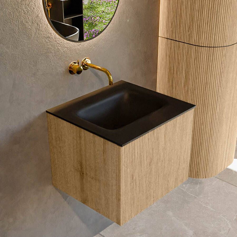 Mondiaz KURVE 50 cm Onderkast Greeploos 1 Lade Zonder Deuren Oak Wastafel Solid Surface Midden Urban 0 Kraangaten Zonder Spiegel (KRVGRU501L0D0KM-Oak Urb)