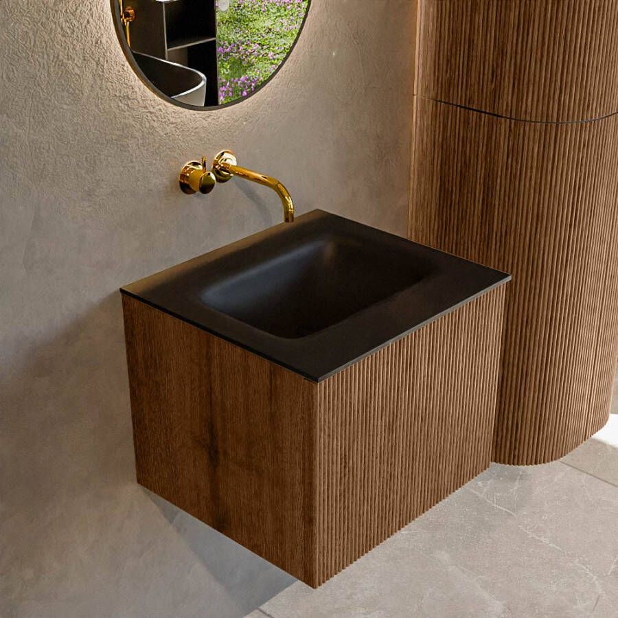 Mondiaz KURVE 50 cm Onderkast Greeploos 1 Lade Zonder Deuren Walnut Wastafel Solid Surface Midden Urban 0 Kraangaten Zonder Spiegel (KRVGRU501L0D0KM-Wal Urb)