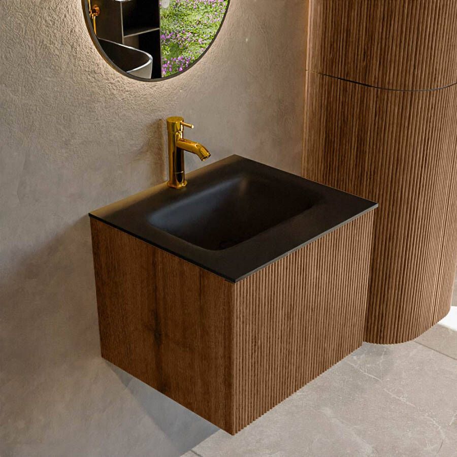 Mondiaz KURVE 50 cm Onderkast Greeploos 1 Lade Zonder Deuren Walnut Wastafel Solid Surface Midden Urban 1 Kraangat Zonder Spiegel (KRVGRU501L0D1KM-Wal Urb)