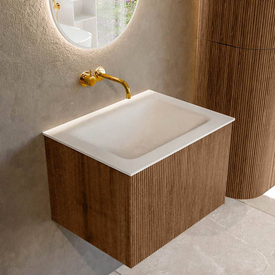 Mondiaz KURVE 60 cm Onderkast Greeploos 1 Lade Zonder Deuren Walnut Wastafel Solid Surface Midden Talc 0 Kraangaten Zonder Spiegel (KRVCLO601L0D0KM-Wal Tal)