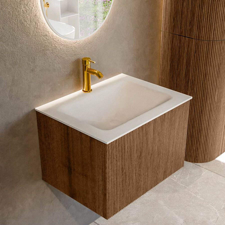 Mondiaz KURVE 60 cm Onderkast Greeploos 1 Lade Zonder Deuren Walnut Wastafel Solid Surface Midden Talc 1 Kraangat Zonder Spiegel (KRVCLO601L0D1KM-Wal Tal)