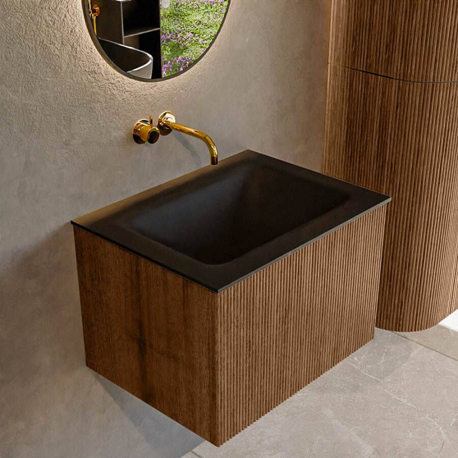 Mondiaz KURVE 60 cm Onderkast Greeploos 1 Lade Zonder Deuren Walnut Wastafel Solid Surface Midden Urban 0 Kraangaten Zonder Spiegel (KRVCLO601L0D0KM-Wal Urb)