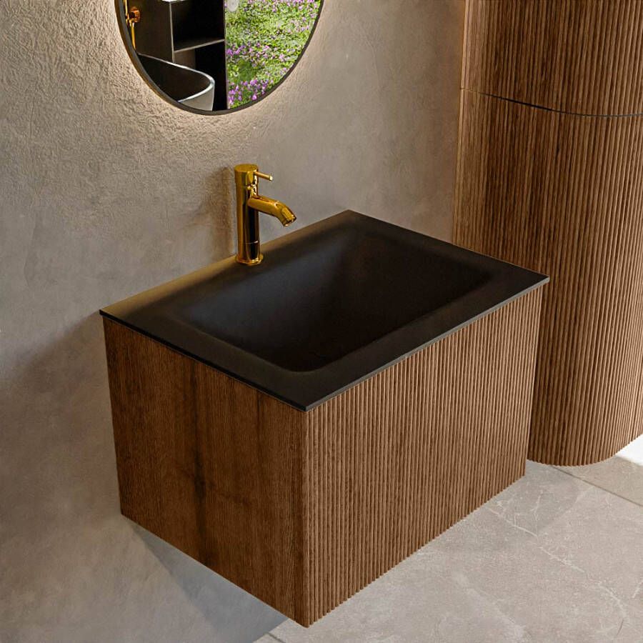 Mondiaz KURVE 60 cm Onderkast Greeploos 1 Lade Zonder Deuren Walnut Wastafel Solid Surface Midden Urban 1 Kraangat Zonder Spiegel (KRVCLO601L0D1KM-Wal Urb)