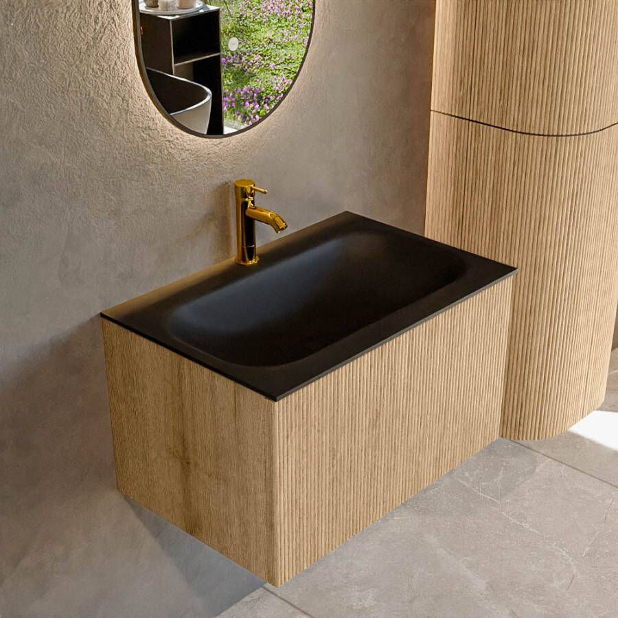 Mondiaz KURVE 70 cm Onderkast Greeploos 1 Lade Zonder Deuren Oak Wastafel Solid Surface Volledig Urban 1 Kraangat Zonder Spiegel (KRVBGS701L0D1KM-Oak Urb)