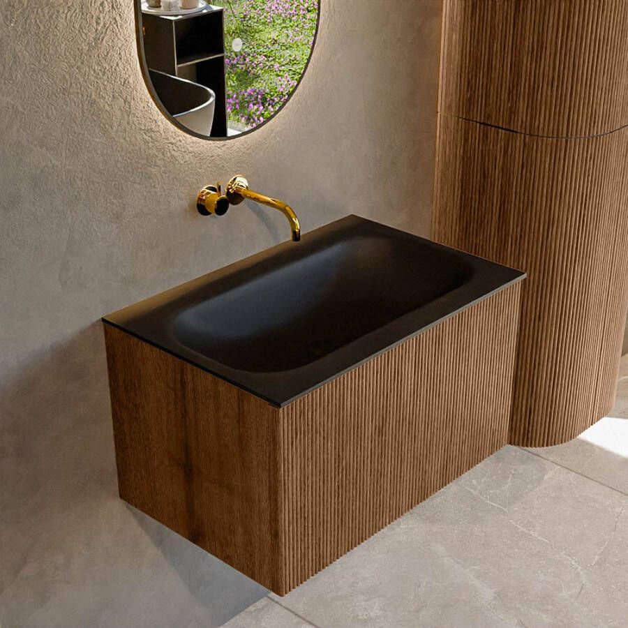 Mondiaz KURVE 70 cm Onderkast Greeploos 1 Lade Zonder Deuren Walnut Wastafel Solid Surface Volledig Urban 0 Kraangaten Zonder Spiegel (KRVBGS701L0D0KM-Wal Urb)