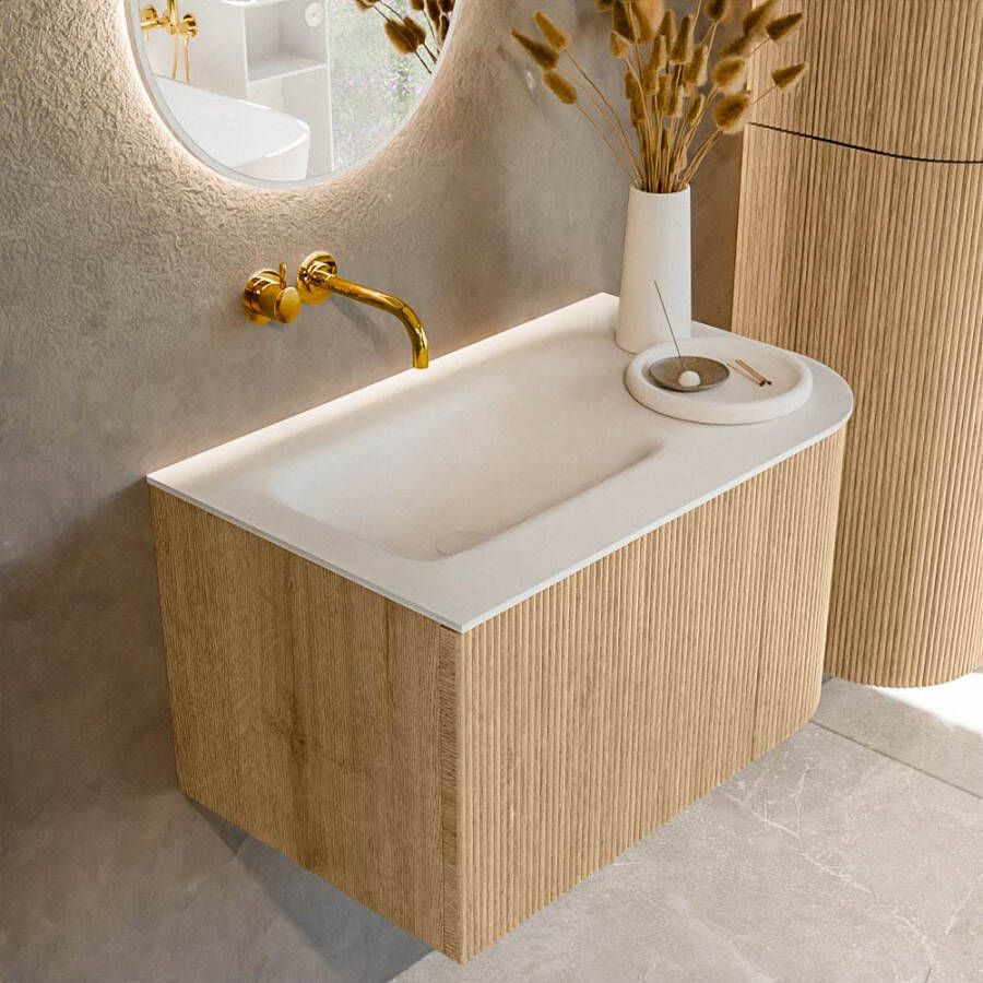 Mondiaz KURVE 75 cm Onderkast Greeploos 1 Lade Met Deuren Oak Wastafel Solid Surface Links Talc 0 Kraangaten Zonder Spiegel (KRVGRU75R1L1D0KL-Oak Tal)