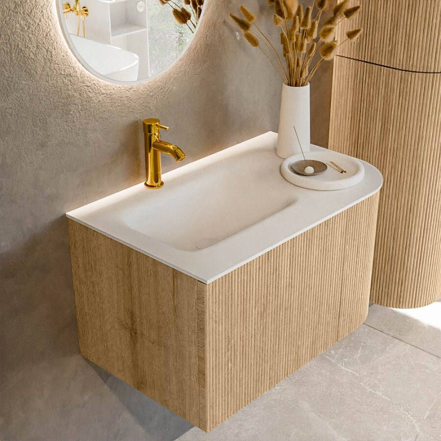 Mondiaz KURVE 75 cm Onderkast Greeploos 1 Lade Met Deuren Oak Wastafel Solid Surface Links Talc 1 Kraangat Zonder Spiegel (KRVGRU75R1L1D1KL-Oak Tal)
