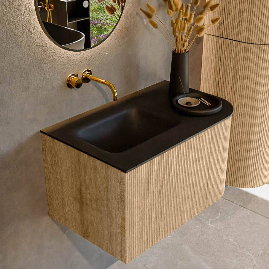 Mondiaz KURVE 75 cm Onderkast Greeploos 1 Lade Met Deuren Oak Wastafel Solid Surface Links Urban 0 Kraangaten Zonder Spiegel (KRVGRU75R1L1D0KL-Oak Urb)