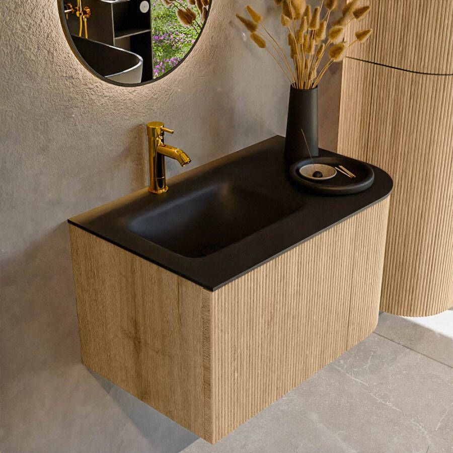 Mondiaz KURVE 75 cm Onderkast Greeploos 1 Lade Met Deuren Oak Wastafel Solid Surface Links Urban 1 Kraangat Zonder Spiegel (KRVGRU75R1L1D1KL-Oak Urb)