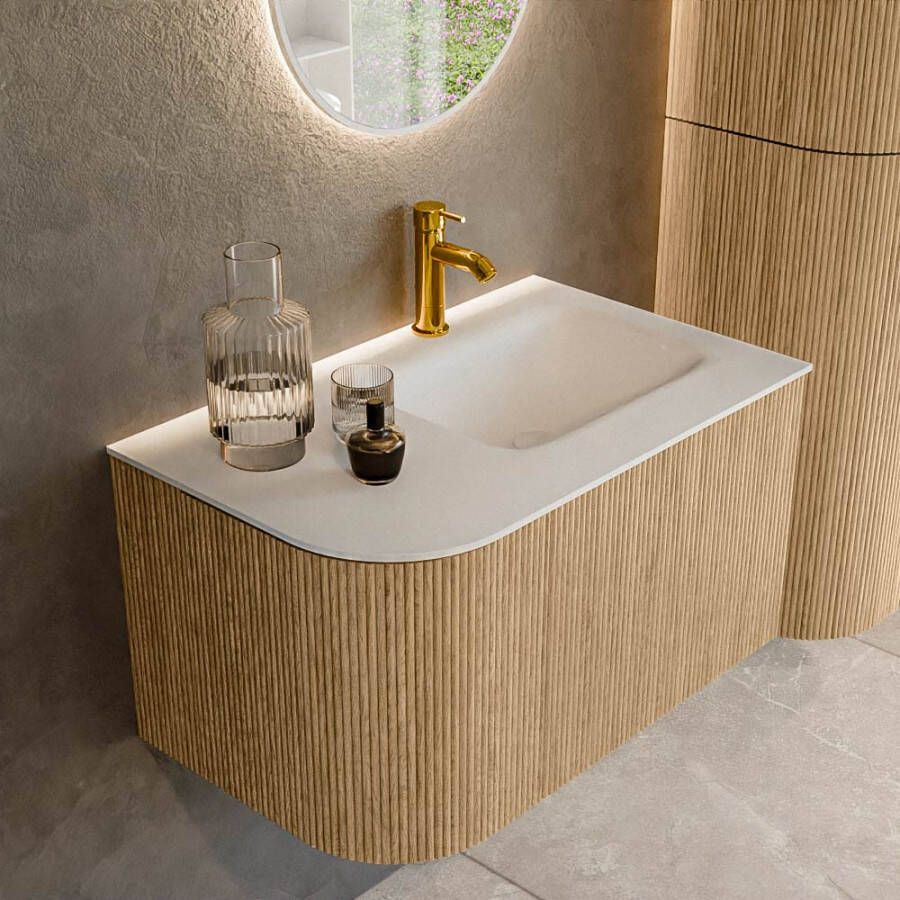 Mondiaz KURVE 75 cm Onderkast Greeploos 1 Lade Met Deuren Oak Wastafel Solid Surface Rechts Talc 1 Kraangat Zonder Spiegel (KRVGRU75L1L1D1KR-Oak Tal)