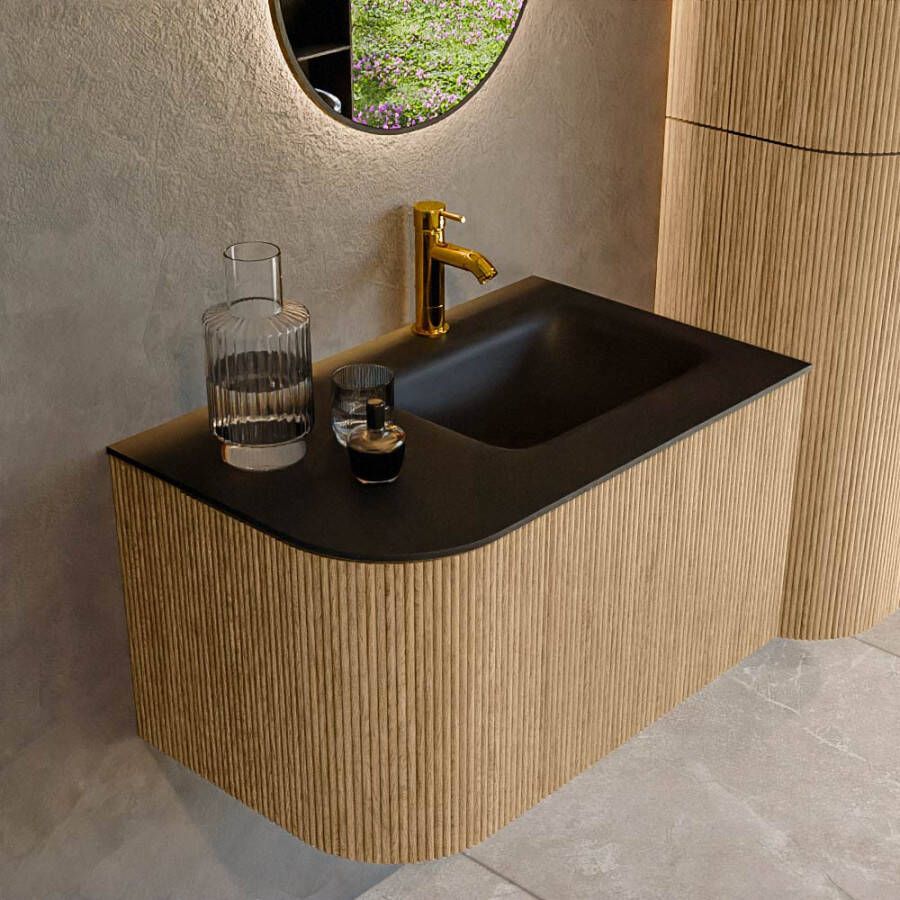 Mondiaz KURVE 75 cm Onderkast Greeploos 1 Lade Met Deuren Oak Wastafel Solid Surface Rechts Urban 1 Kraangat Zonder Spiegel (KRVGRU75L1L1D1KR-Oak Urb)