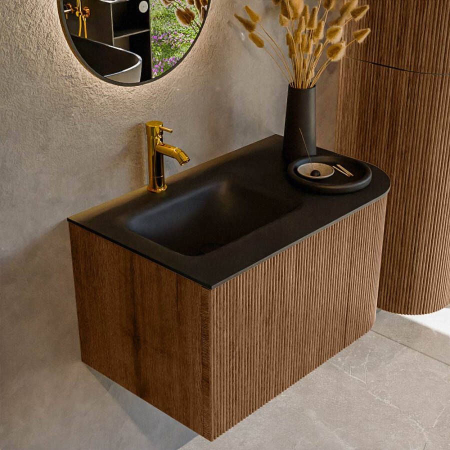 Mondiaz KURVE 75 cm Onderkast Greeploos 1 Lade Met Deuren Walnut Wastafel Solid Surface Links Urban 1 Kraangat Zonder Spiegel (KRVGRU75R1L1D1KL-Wal Urb)