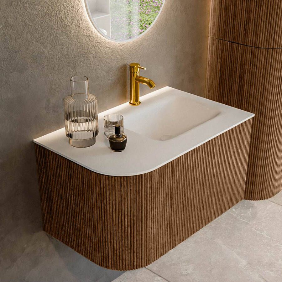Mondiaz KURVE 75 cm Onderkast Greeploos 1 Lade Met Deuren Walnut Wastafel Solid Surface Rechts Talc 1 Kraangat Zonder Spiegel (KRVGRU75L1L1D1KR-Wal Tal)