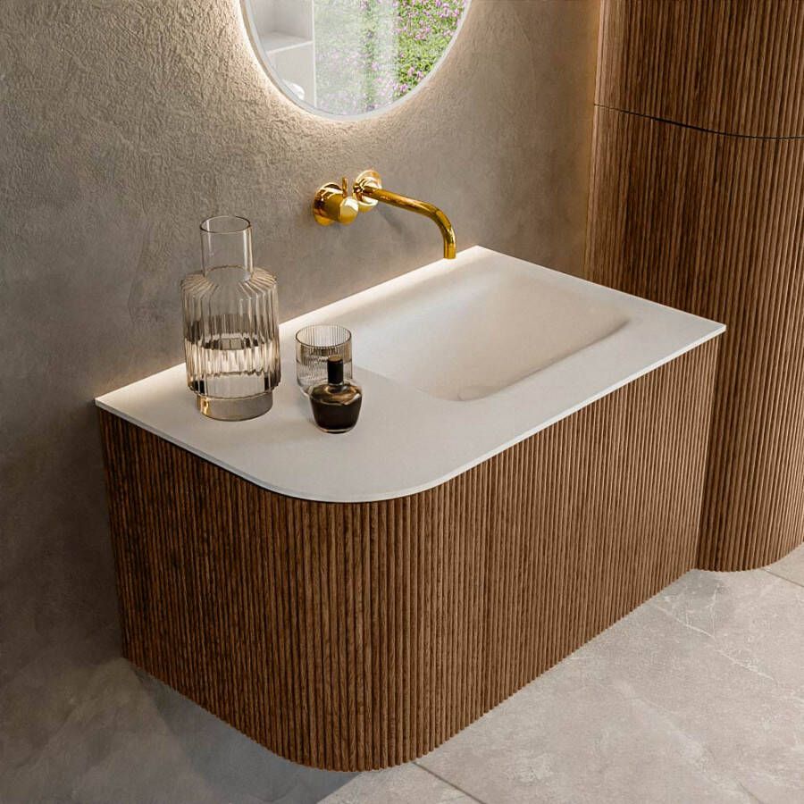 Mondiaz KURVE 75 cm Onderkast Greeploos 1 Lade Met Deuren Walnut Wastafel Solid Surface Rechts Talc 0 Kraangaten Zonder Spiegel (KRVGRU75L1L1D0KR-Wal Tal)