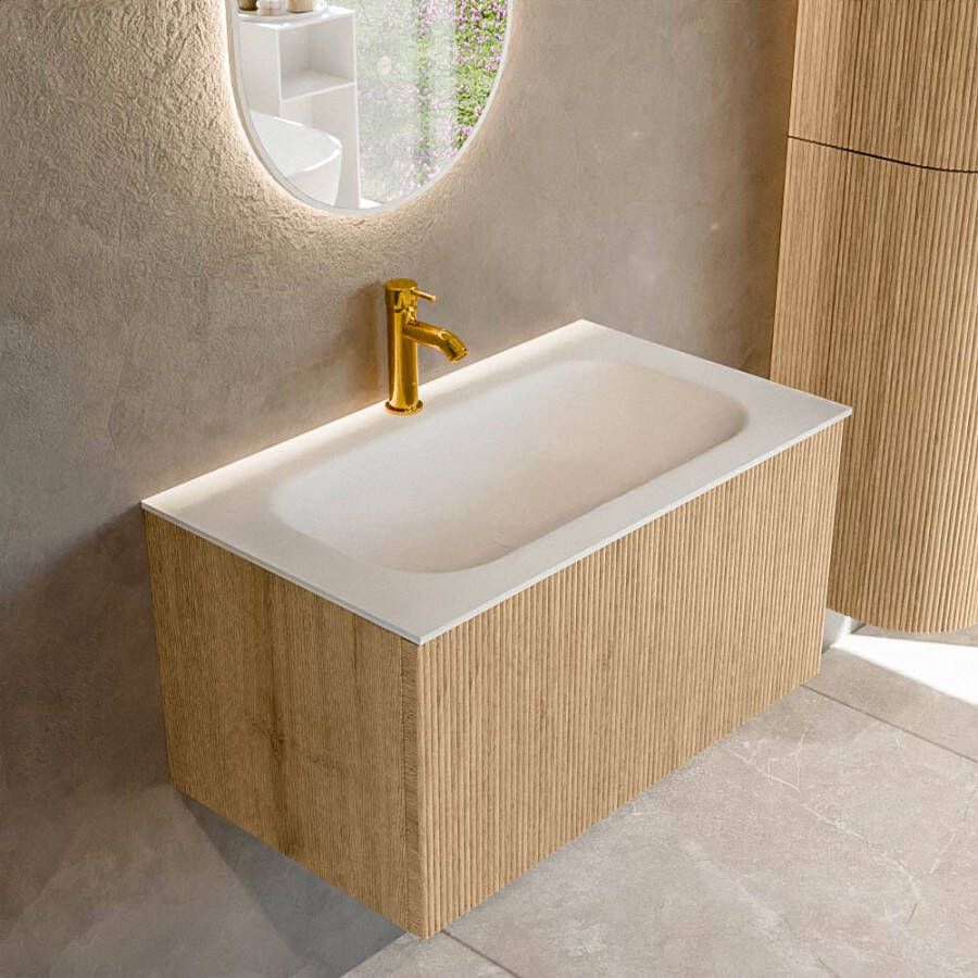 Mondiaz KURVE 80 cm Onderkast Greeploos 1 Lade Zonder Deuren Oak Wastafel Solid Surface Volledig Talc 1 Kraangat Zonder Spiegel (KRVBGS801L0D1KM-Oak Tal)