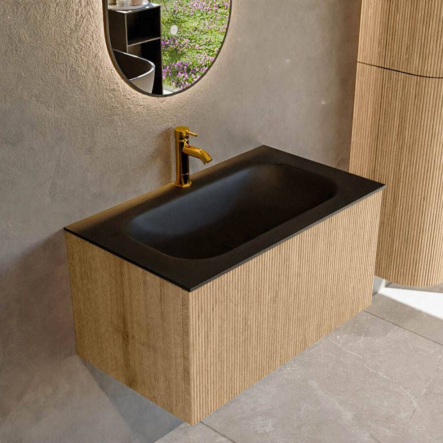 Mondiaz KURVE 80 cm Onderkast Greeploos 1 Lade Zonder Deuren Oak Wastafel Solid Surface Volledig Urban 1 Kraangat Zonder Spiegel (KRVBGS801L0D1KM-Oak Urb)