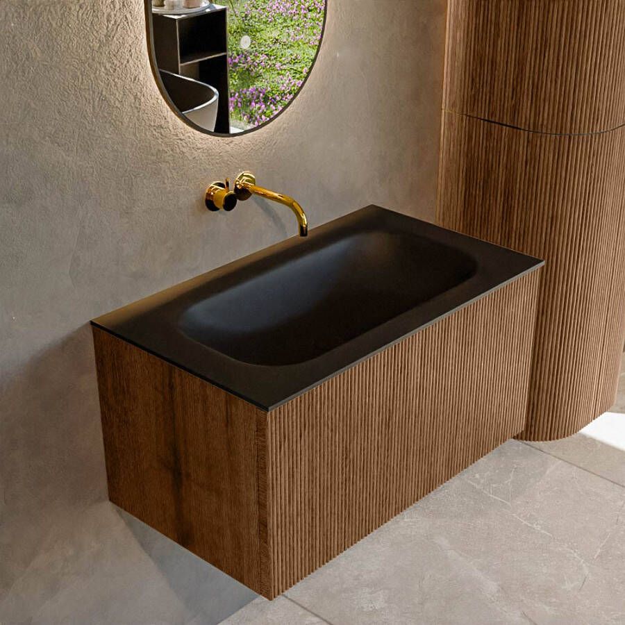 Mondiaz KURVE 80 cm Onderkast Greeploos 1 Lade Zonder Deuren Walnut Wastafel Solid Surface Volledig Urban 0 Kraangaten Zonder Spiegel (KRVBGS801L0D0KM-Wal Urb)