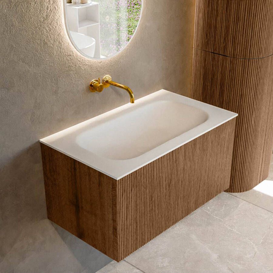 Mondiaz KURVE 80 cm Onderkast Greeploos 1 Lade Zonder Deuren Walnut Wastafel Solid Surface Volledig Talc 0 Kraangaten Zonder Spiegel (KRVBGS801L0D0KM-Wal Tal)