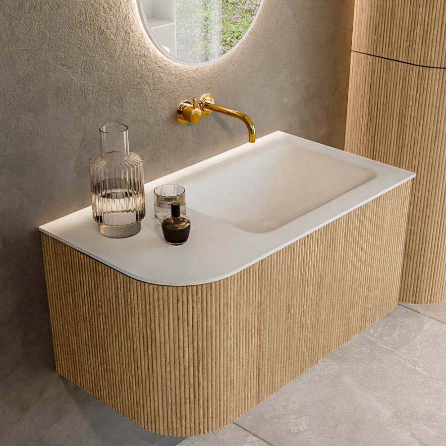 Mondiaz KURVE 85 cm Onderkast Greeploos 1 Lade Met Deuren Oak Wastafel Solid Surface Rechts Talc 0 Kraangaten Zonder Spiegel (KRVCLO85L1L1D0KR-Oak Tal)