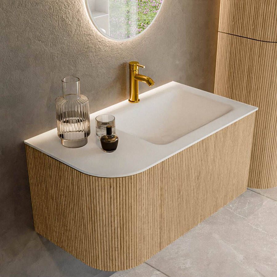 Mondiaz KURVE 85 cm Onderkast Greeploos 1 Lade Met Deuren Oak Wastafel Solid Surface Rechts Talc 1 Kraangat Zonder Spiegel (KRVCLO85L1L1D1KR-Oak Tal)