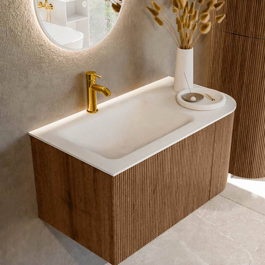 Mondiaz KURVE 85 cm Onderkast Greeploos 1 Lade Met Deuren Walnut Wastafel Solid Surface Links Talc 1 Kraangat Zonder Spiegel (KRVCLO85R1L1D1KL-Wal Tal)