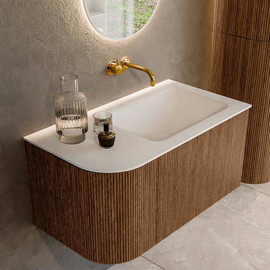 Mondiaz KURVE 85 cm Onderkast Greeploos 1 Lade Met Deuren Walnut Wastafel Solid Surface Rechts Talc 0 Kraangaten Zonder Spiegel (KRVCLO85L1L1D0KR-Wal Tal)