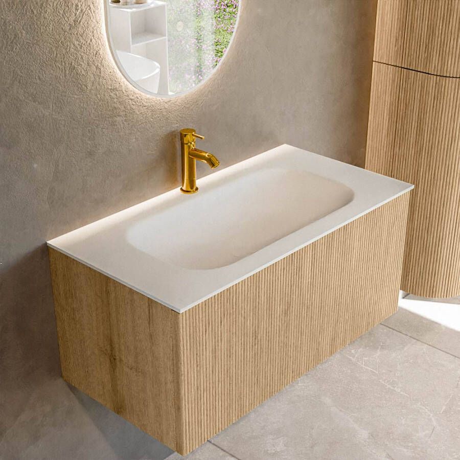 Mondiaz KURVE 90 cm Onderkast Greeploos 1 Lade Zonder Deuren Oak Wastafel Solid Surface Midden Talc 1 Kraangat Zonder Spiegel (KRVBGS901L0D1KM-Oak Tal)
