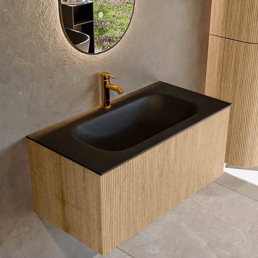 Mondiaz KURVE 90 cm Onderkast Greeploos 1 Lade Zonder Deuren Oak Wastafel Solid Surface Midden Urban 1 Kraangat Zonder Spiegel (KRVBGS901L0D1KM-Oak Urb)