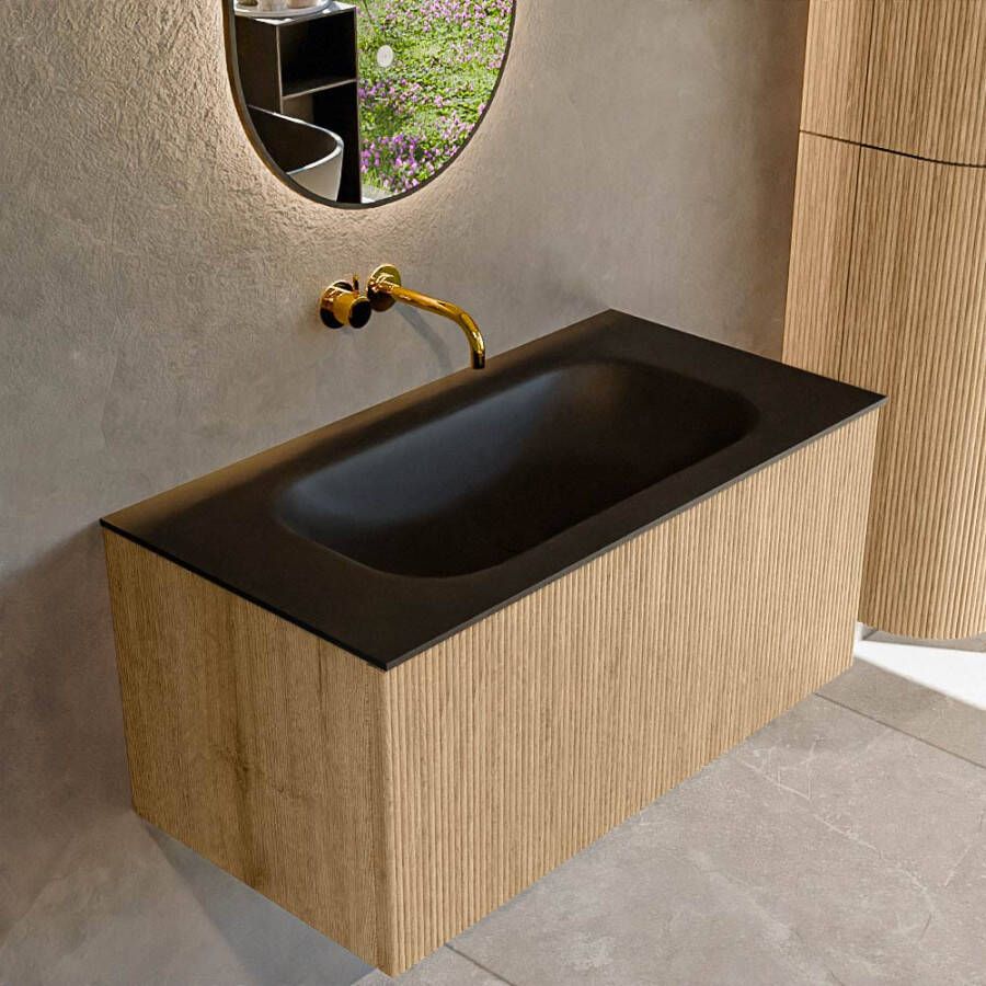 Mondiaz KURVE 90 cm Onderkast Greeploos 1 Lade Zonder Deuren Oak Wastafel Solid Surface Midden Urban 0 Kraangaten Zonder Spiegel (KRVBGS901L0D0KM-Oak Urb)