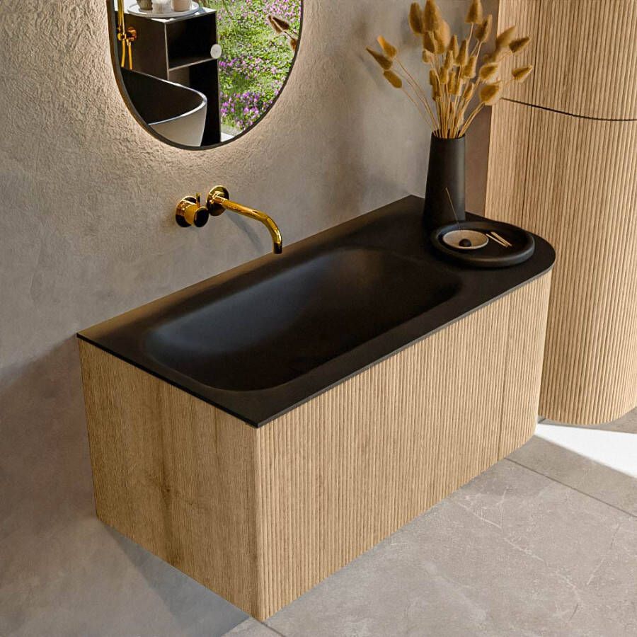 Mondiaz KURVE 95 cm Onderkast Greeploos 1 Lade Met Deuren Oak Wastafel Solid Surface Links Urban 0 Kraangaten Zonder Spiegel (KRVBGS95R1L1D0KL-Oak Urb)