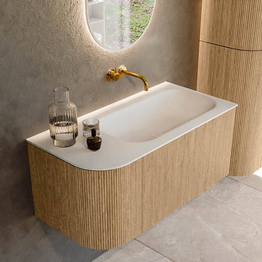 Mondiaz KURVE 95 cm Onderkast Greeploos 1 Lade Met Deuren Oak Wastafel Solid Surface Rechts Talc 0 Kraangaten Zonder Spiegel (KRVBGS95L1L1D0KR-Oak Tal)