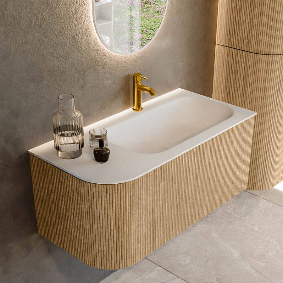 Mondiaz KURVE 95 cm Onderkast Greeploos 1 Lade Met Deuren Oak Wastafel Solid Surface Rechts Talc 1 Kraangat Zonder Spiegel (KRVBGS95L1L1D1KR-Oak Tal)
