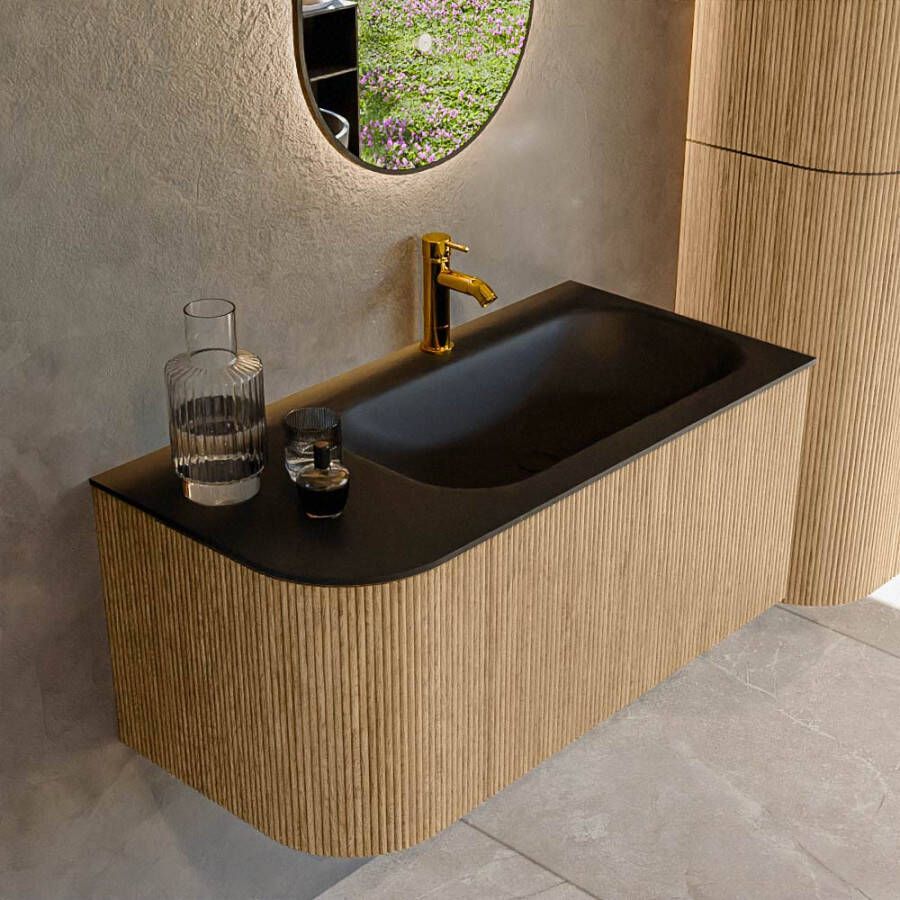 Mondiaz KURVE 95 cm Onderkast Greeploos 1 Lade Met Deuren Oak Wastafel Solid Surface Rechts Urban 1 Kraangat Zonder Spiegel (KRVBGS95L1L1D1KR-Oak Urb)