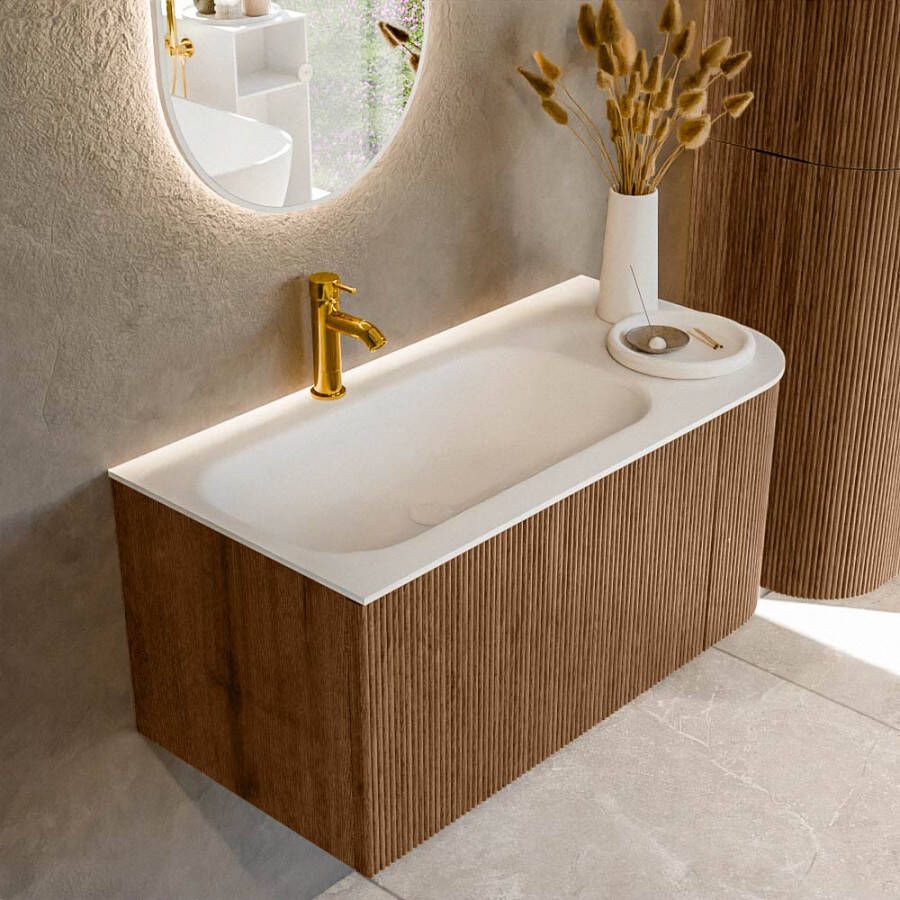 Mondiaz KURVE 95 cm Onderkast Greeploos 1 Lade Met Deuren Walnut Wastafel Solid Surface Links Talc 1 Kraangat Zonder Spiegel (KRVBGS95R1L1D1KL-Wal Tal)