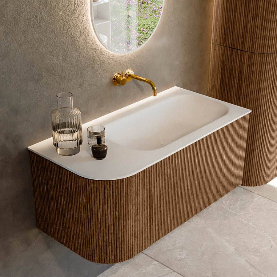 Mondiaz KURVE 95 cm Onderkast Greeploos 1 Lade Met Deuren Walnut Wastafel Solid Surface Rechts Talc 0 Kraangaten Zonder Spiegel (KRVBGS95L1L1D0KR-Wal Tal)