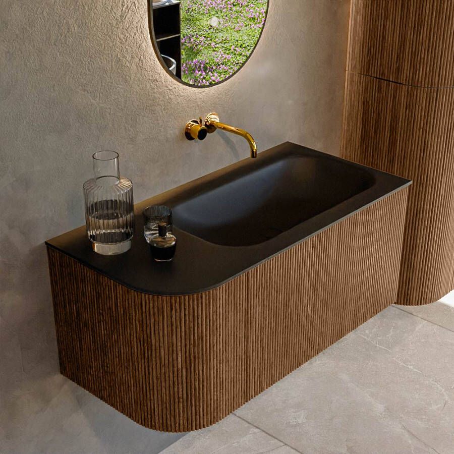 Mondiaz KURVE 95 cm Onderkast Greeploos 1 Lade Met Deuren Walnut Wastafel Solid Surface Rechts Urban 0 Kraangaten Zonder Spiegel (KRVBGS95L1L1D0KR-Wal Urb)